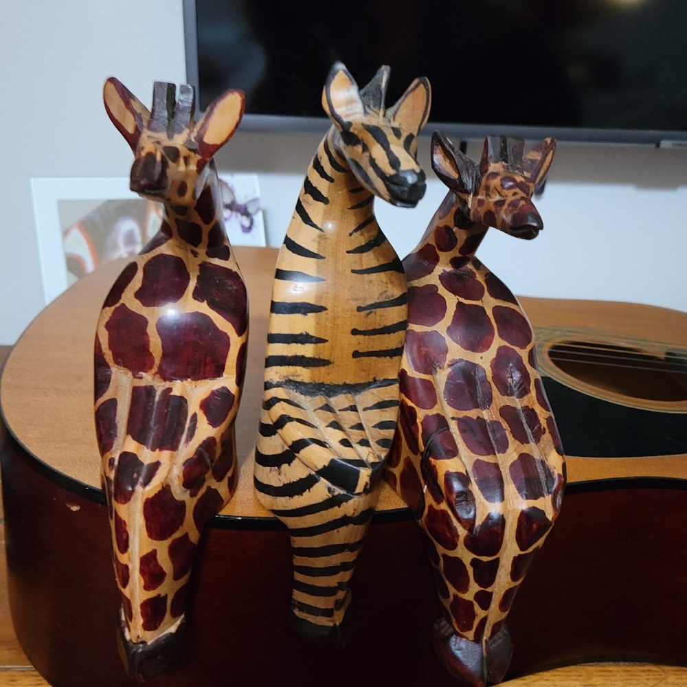 Vintage African wooden sitting animals. Set of 3